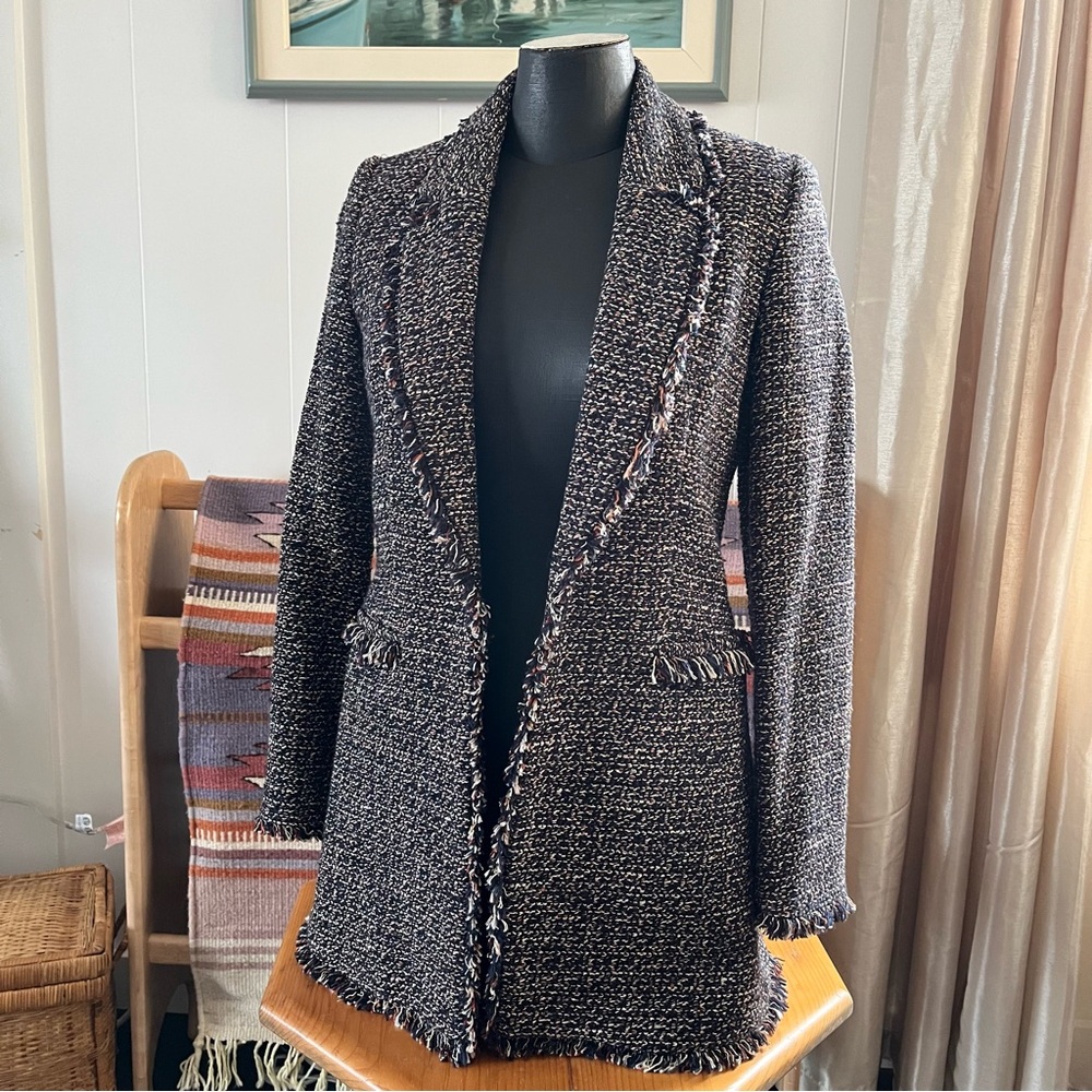 NWOT Massimo Dutti Boucle Tweed Open Tailored Long Blazer Jacket Coat Fringe new